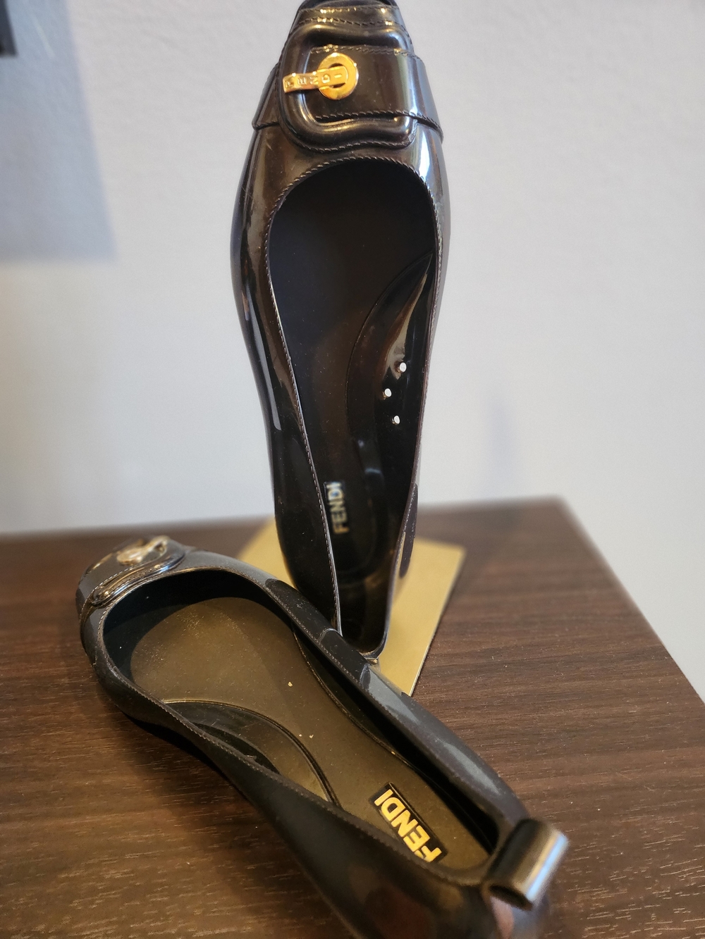 Fendi Black Patent Leather Ballet Flats with Gold Buckle Accent